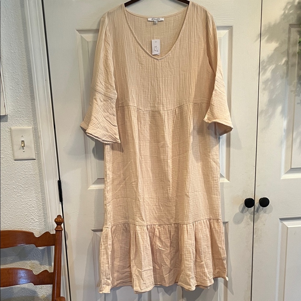 Parker Beige Midi Dress with Flared Hem